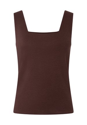 Mouwloze bruine geribbelde gebreide tanktop met brede bandjes en een vierkante halslijn.