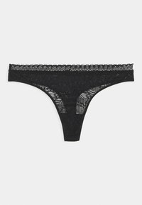 Zwarte kanten string met een bloem patroon, voorzien van een scalloped kant trim aan de tailleband. Gladde textuur, minimalistische dekking ontwerp.