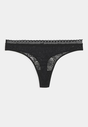 Zwarte kanten string met een bloem patroon, voorzien van een scalloped kant trim aan de tailleband. Gladde textuur, minimalistische dekking ontwerp.