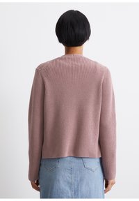Jasnoróżowy sweter z prążkowanego materiału, z długimi rękawami, okrągłym dekoltem i skróconym dołem, pokazany z tyłu na jednolitym tle.