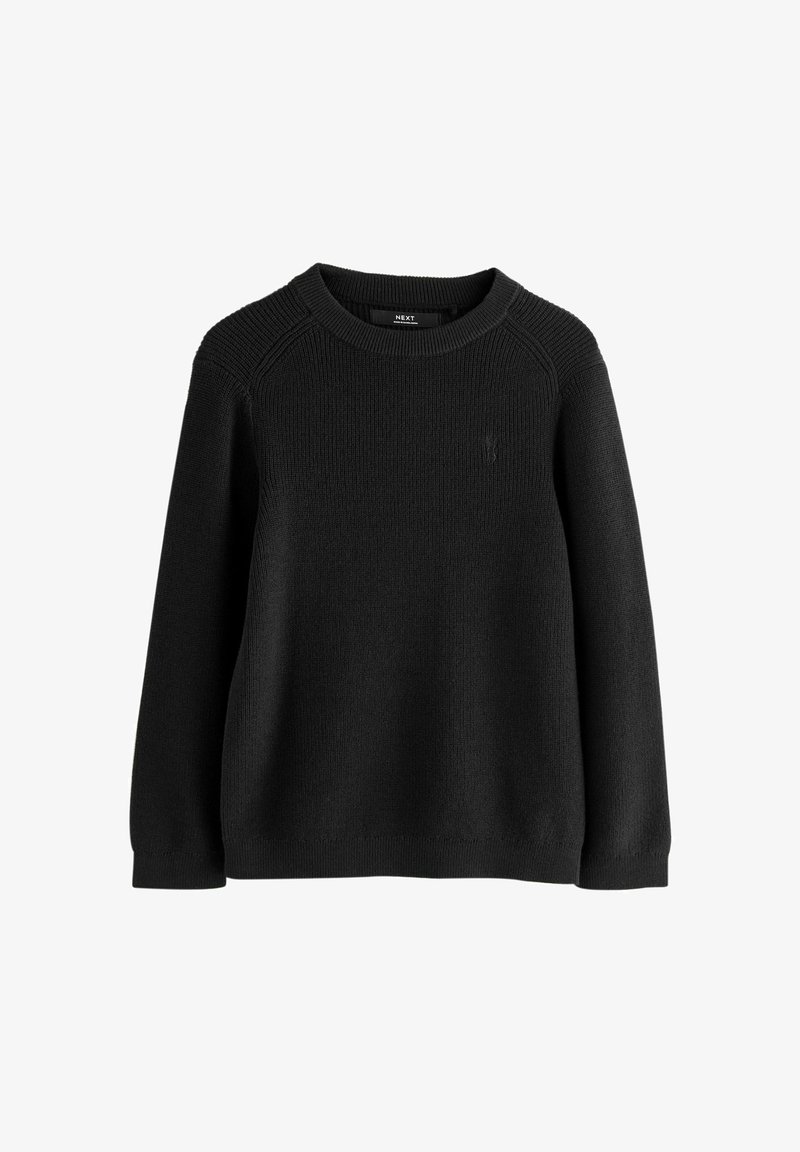 Maglione nero a girocollo in maglia con maniche lunghe e polsini e orlo a coste, con un logo ricamato sottile sul petto.