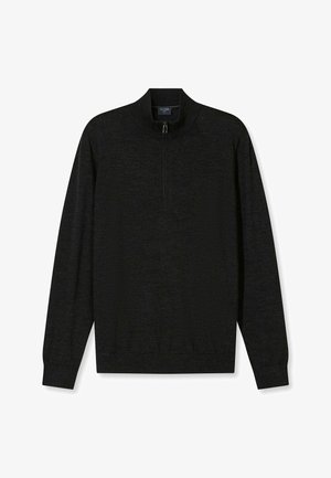 Zwarte lange mouwen pullover met een hoge kraag en een ritssluiting tot halverwege. Gemaakt van een gladde, gestructureerde stof. Eenvoudig ontwerp zonder patronen of accenten.