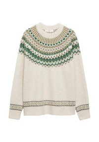 Svijetlosmeđi pleteni pulover s okruglim izrezom. Ima višebojne geometrijske uzorke u zelenoj, plavoj i krem boji oko ovratnika i rubova.