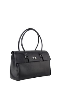 Sac à main en cuir noir texturé avec deux longues poignées et une fermeture à tourniquet rectangulaire en argent sur le rabat avant.