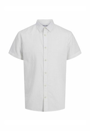 Kurzärmliges weißes Leinenhemd mit Button-Down-Kragen, das über eine subtile Textur und sechs passende Knöpfe an der Vorderseite verfügt.