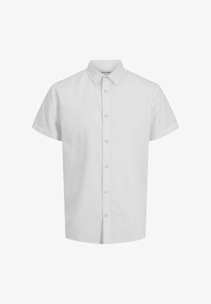 Camicia bianca di lino a maniche corte con colletto button-down, caratterizzata da una sottile texture e sei bottoni abbinati lungo la parte frontale.