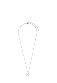 Srebrny naszyjnik z delikatnym łańcuszkiem i sercowym zawieszką, ozdobionym wyraźnym wzorem liniowym oraz zapięciem na karabińczyk.