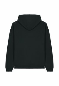 Felpa nera in cotone con cappuccio regolabile, maniche lunghe e polsini a costine. Presenta una vestibilità comoda e una texture liscia, senza stampe.
