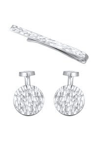 Gemelli in argento con una finitura texturizzata e martellata, abbinati a un fermacravatta coordinato che presenta lo stesso design e bordi lucidi.