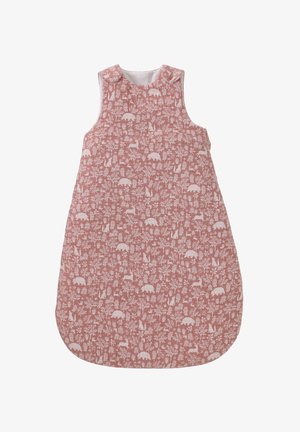 Ärmelloser Schlafsack für Kleinkinder mit abgerundetem Boden. Hergestellt aus weichem Stoff, mit einem pinken Hintergrund und weißen Tier- und Blütenmustern.