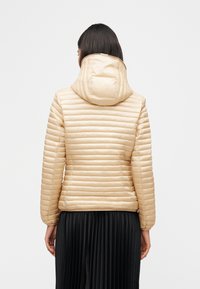 Γυναίκα που φοράει μπεζ καπιτονέ μπουφάν με κουκούλα και μαύρη πλισέ φούστα, σε λευκό φόντο, από πίσω.