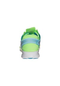Athletic shoe featuring a bright green mesh upper, blue accents, and a white sole. Rounded heel and cushioned collar design.