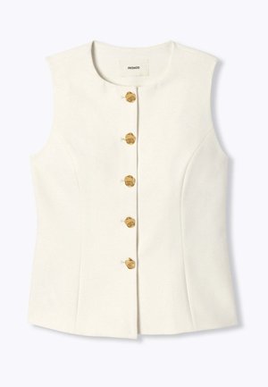 Gilet blanc moulant sans manches avec encolure ronde et cinq boutons décoratifs dorés sur le devant.