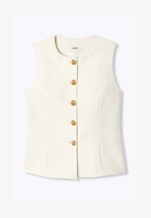 Gilet blanc moulant sans manches avec encolure ronde et cinq boutons décoratifs dorés sur le devant.