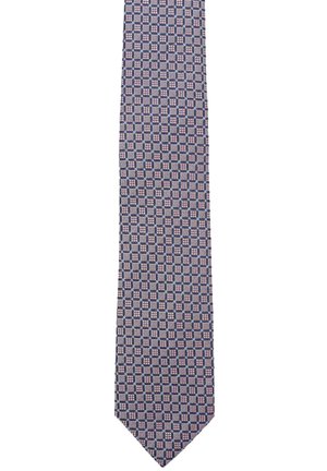 Marineblaues gemustertes Krawatte mit einem Gitternetzdesign in Pink- und Weißtönen, aus Seide gefertigt, mit glatter Textur und spitz zulaufendem Ende.