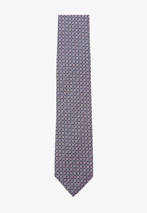 Marineblaues gemustertes Krawatte mit einem Gitternetzdesign in Pink- und Weißtönen, aus Seide gefertigt, mit glatter Textur und spitz zulaufendem Ende.