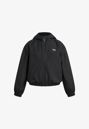 Zwarte capuchonjas met volledige ritssluiting, elastische boorden en zoom, met een klein wit Under Armour-logo op de linkerborst.