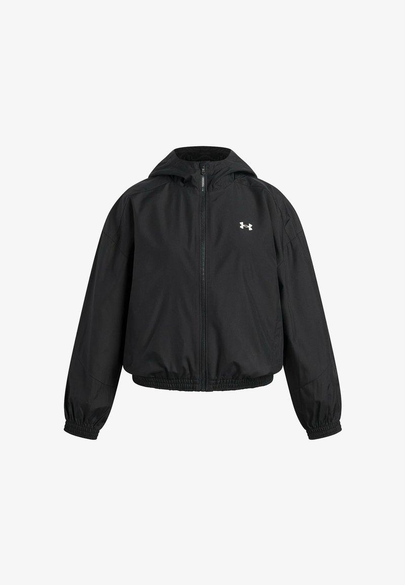Čierna bunda s kapucňou na celý zips, s elastickými manžetami a lemom, s malým bielym logom Under Armour na ľavej strane hrudníka.