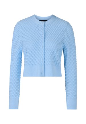 Light blue, textured cardigan with a round neckline, long sleeves, and button closure. Features a cropped design and ribbed accents at the hem.