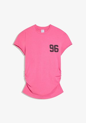 Bright pink short-sleeve T-shirt with black "96" and star design on left chest, featuring ruched sides and a round neckline.