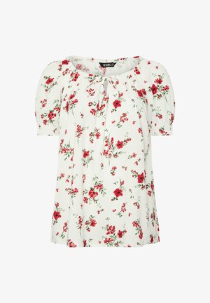 Witte blouse met korte mouwen, rode bloemenprint, ronde halslijn en voorstrikdetail.