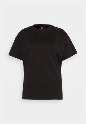Svart T-shirt med kort ärm i bomull. Har en rund halsringning och en avslappnad passform. Slät textur utan synliga mönster eller detaljer.
