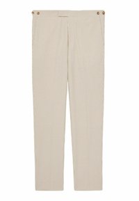 Beige csíkos nadrág, texturált anyagból készült, egyenes szabással és két kör alakú gombbal a derékrészen.