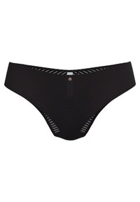 Zwarte bikini-style onderbroek voor vrouwen met een subtiel chevronpatroon en een klein gecentreerd label dat aan de tailleband hangt.