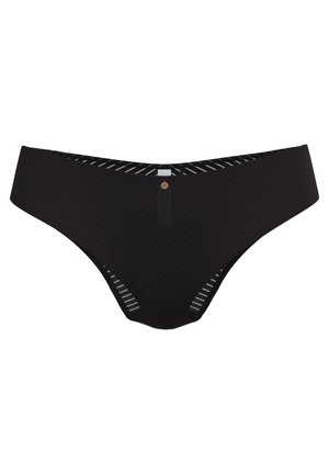 Zwarte bikini-style onderbroek voor vrouwen met een subtiel chevronpatroon en een klein gecentreerd label dat aan de tailleband hangt.