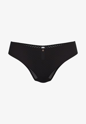 Zwarte bikini-style onderbroek voor vrouwen met een subtiel chevronpatroon en een klein gecentreerd label dat aan de tailleband hangt.