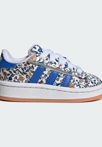 Floral-patterned sneakers with white canvas and light blue leather accents, featuring three blue stripes and a textured white rubber sole.