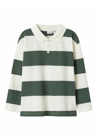 Langarm polo shirt met groen en witte horizontale strepen, een kraag en een drieknopenkan. Zachte stof met een relaxte pasvorm.