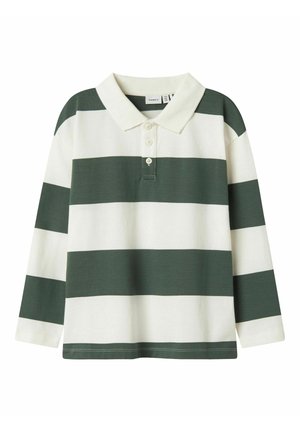 Langarm polo shirt met groen en witte horizontale strepen, een kraag en een drieknopenkan. Zachte stof met een relaxte pasvorm.