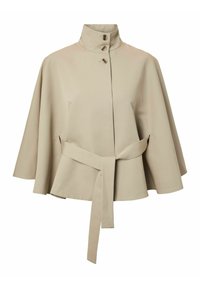 Cappotto mantella beige con collo alto, tre bottoni in tartaruga, maniche larghe e cintura in tessuto coordinato annodata in vita.
