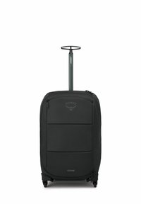 Valigia Osprey Ozone, tessuto grigio scuro, forma rettangolare, texture liscia, manico retrattile, quattro ruote, logo del marchio sul davanti.