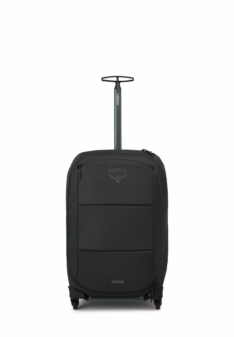 Valigia Osprey Ozone, tessuto grigio scuro, forma rettangolare, texture liscia, manico retrattile, quattro ruote, logo del marchio sul davanti.