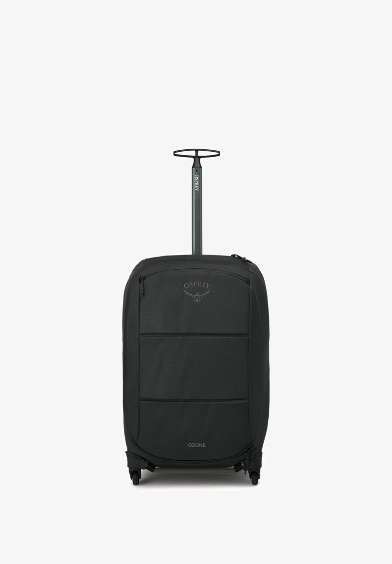 Valigia Osprey Ozone, tessuto grigio scuro, forma rettangolare, texture liscia, manico retrattile, quattro ruote, logo del marchio sul davanti.