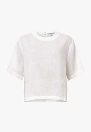 Witte linnen cropped shirt met korte mouwen, ronde halslijn en een gladde textuur. Beschikt over een knoopsluiting aan de achterkant en een nette zoom.