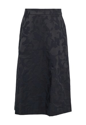 Dark, knee-length A-line skirt made of textured fabric with a subtle floral pattern. Features a flat waistband and no visible fastenings.