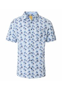 Korte mouwen overhemd met knopen, met een lichtblauwe achtergrond en een palmbomenpatroon in donkerder blauw. Gemaakt van ademende stof.