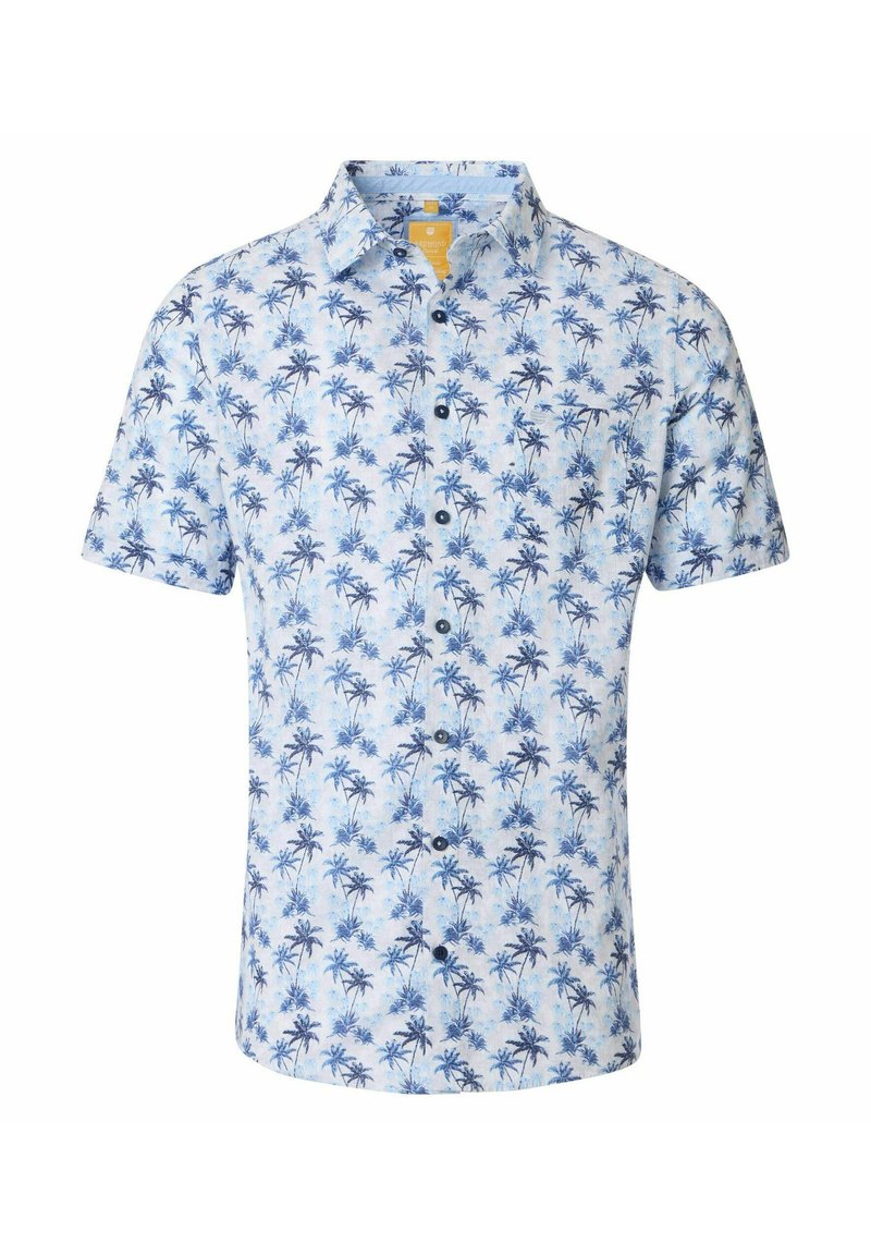 Korte mouwen overhemd met knopen, met een lichtblauwe achtergrond en een palmbomenpatroon in donkerder blauw. Gemaakt van ademende stof.