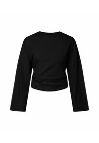 Top nero a maniche lunghe corto realizzato in tessuto liscio con scollo rotondo e vestibilità ampia. Presenta un dettaglio arricciato in vita.