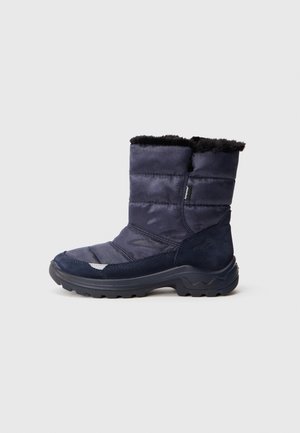 Botas de inverno isoladas em azul-marinho com um design acolchoado, acabamento em pelúcia sintética, sola de borracha e áreas de biqueira e calcanhar reforçadas para maior durabilidade.