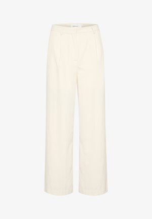 Széles lábú nadrág puha, texturált krémszínű anyagból, magas derékkal, elülső redőkkel és letisztult, minimalista dizájnnal.