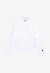 Sudadera blanca de algodón, con cuello redondo, mangas largas y un pequeño logo negro de Champion en el pecho. Puños y dobladillo a rayas.