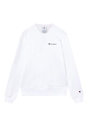 Felpa bianca in cotone, con scollo rotondo, maniche lunghe e piccolo logo Champion nero sul petto. Polsini e orlo a costine.