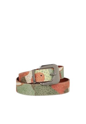 Cintura in pelle colorata con motivi astratti verdi, arancioni e beige e fibbia quadrata in metallo argentato.
