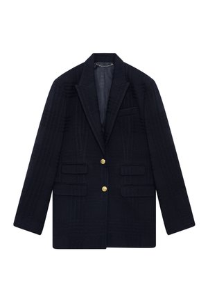 Blazer bleu marine avec un motif à carreaux texturé, design à un seul bouton, revers crantés et deux boutons dorés. Possède quatre poches frontales.