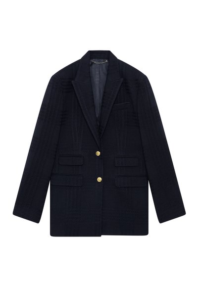 Marineblauer Blazer mit einem strukturierten Karomuster, einreihigem Design, geschlitzten Revers und zwei goldenen Knöpfen. Verfügt über vier Vorderaschen.