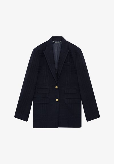 Marineblauer Blazer mit einem strukturierten Karomuster, einreihigem Design, geschlitzten Revers und zwei goldenen Knöpfen. Verfügt über vier Vorderaschen.